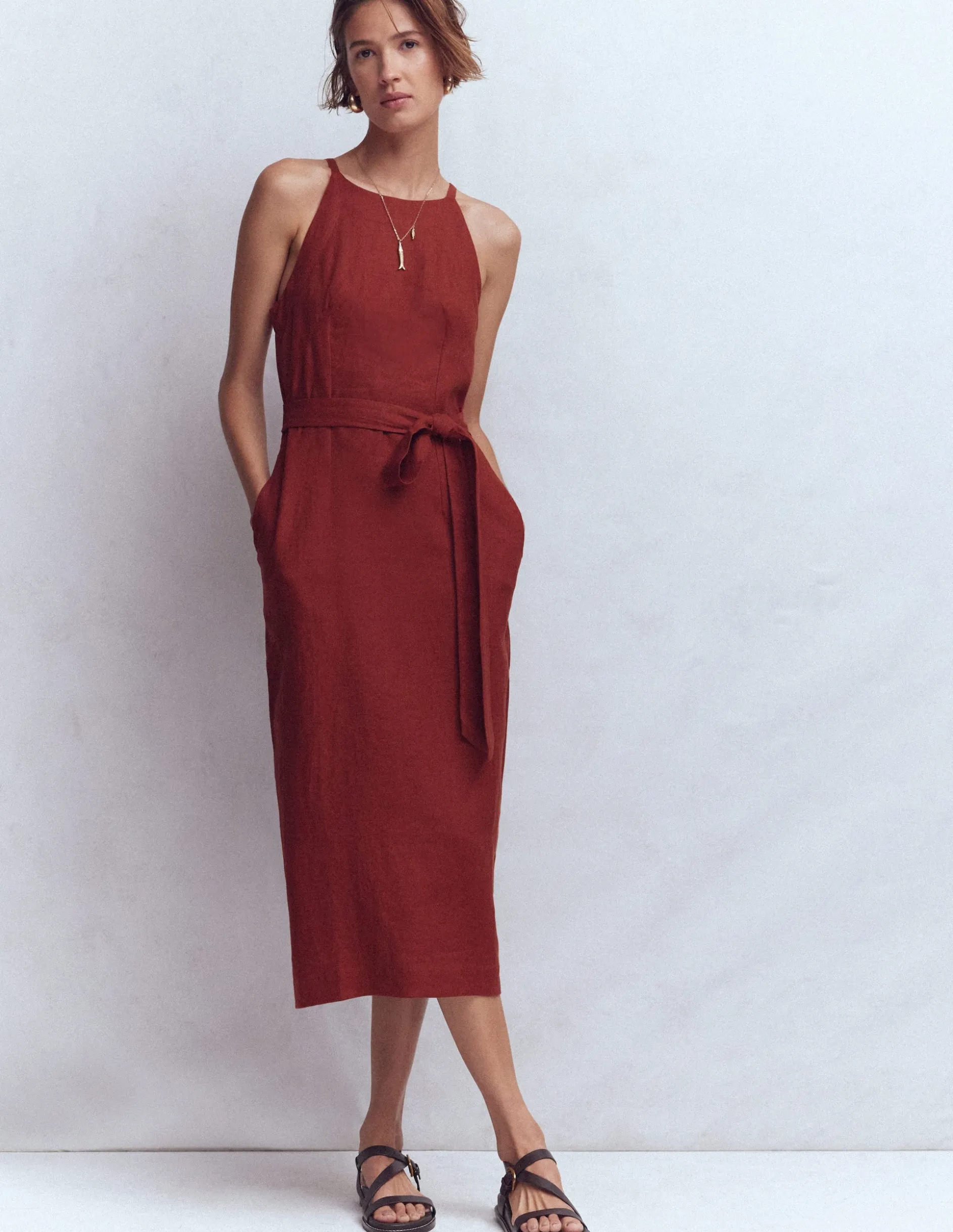 Robe midi à encolure américaine Rosa en lin