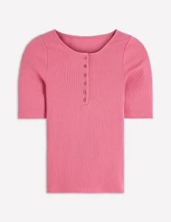 Top côtelé à manches courtes et col tunisien