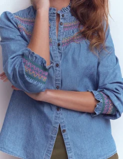 Top Esme en jean à smocks et volants