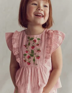 Top tissé et brodé à volants