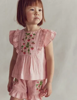 Top tissé et brodé à volants